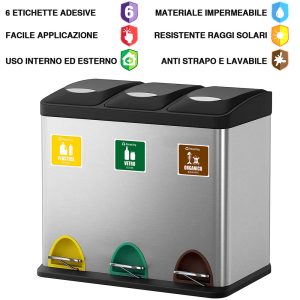 Set Adesivi Raccolta Differenziata in PVC Morbido Impermeabile – 6 pz 100×100 mm Italiano e Inglese - immagine 4