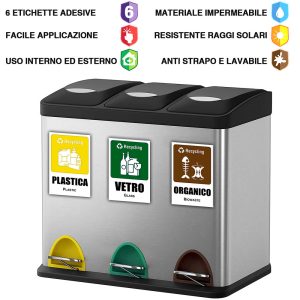 Set Adesivi in PVC Morbido, 6 pz. Impermeabili, Lavabili per Raccolta Differenziata Riciclaggio rifiuti Italiano e Inglese (4 x 6 cm) - immagine 3